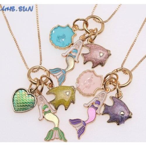MHS.SUN Newest Fashion Mermaid Pendant Necklace With Heart Charms Chain Gold Color Necklace For Kids Girl Jewelry Party Gift 1PC