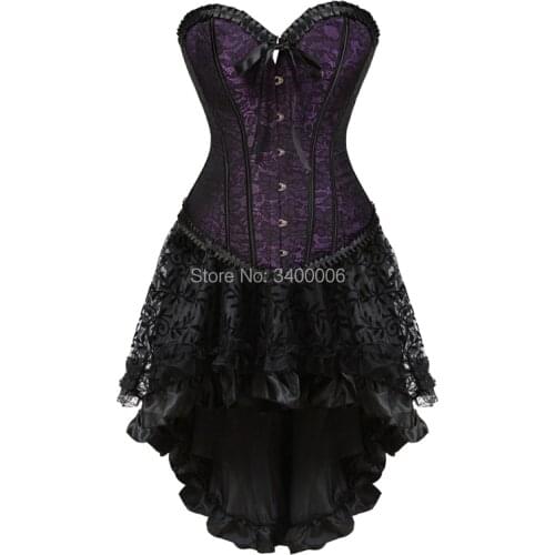 Sexy corset with skirt high low set dress exotic push up corsets and bustiers flower print halloween costumes plus size purple
