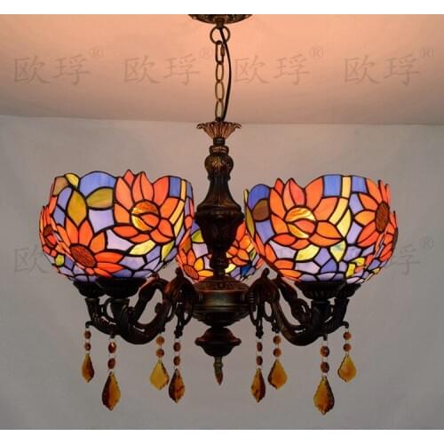 Mediterranean sunflow 5 heads Living room bedroom Crystal lamps Tiffany Stained glass Restaurant Pendant Lights 110-240V