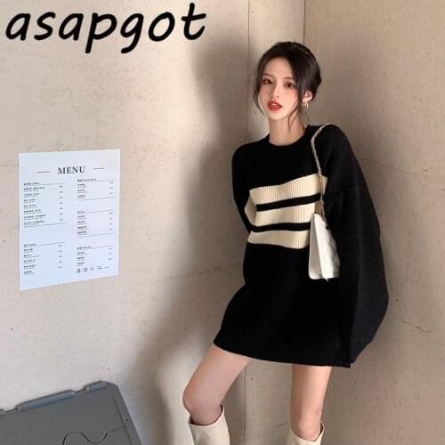 Loose Autumn Winter O Neck Long Sleeve Striped Knitted Pullovers Sweater Women Casual Retro Patchwork Knitwear Top Pull Femme