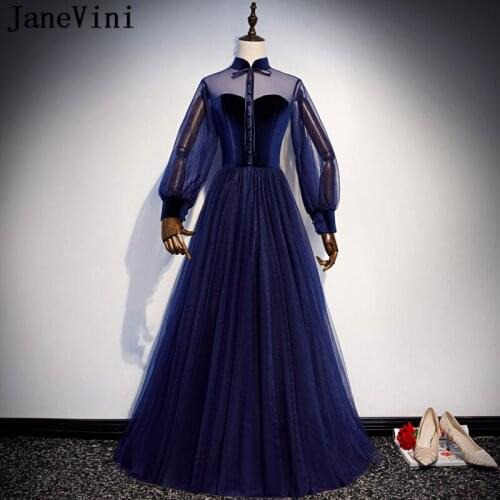 JaneVini Vintage Navy Blue Long Sleeve Plus Size Prom Dresses 2019 High Neck A Line Floor Length Cheap Tulle Dress Vestidos Gala