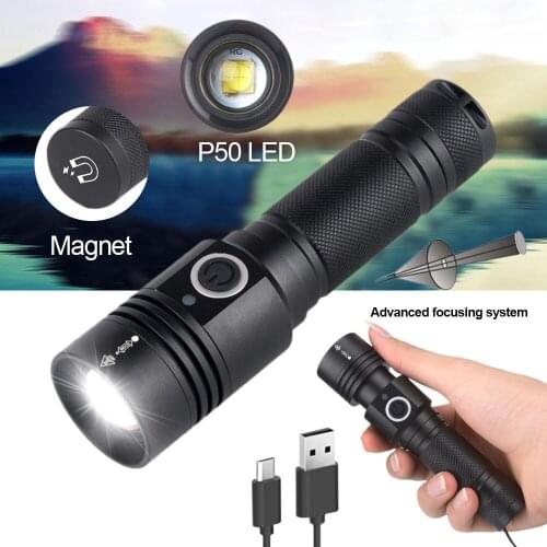 XHP50 strong light rechargeable flashlight with charging display, magnetic retractable flashlight with 3 modes lighting LED