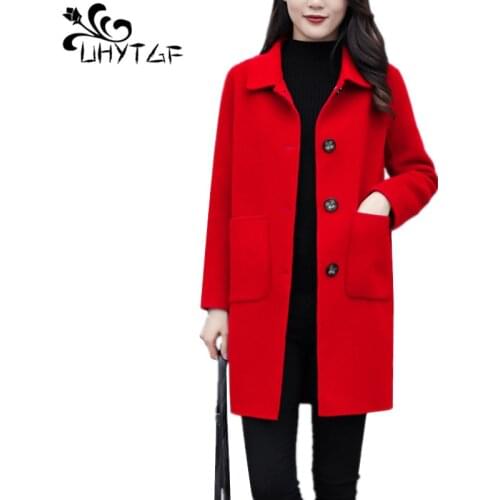 UHYTGF Woolen women coat winter warm jacket women 4XL Plus size Korean Single-breasted fashion women winter jacket outerwear 698