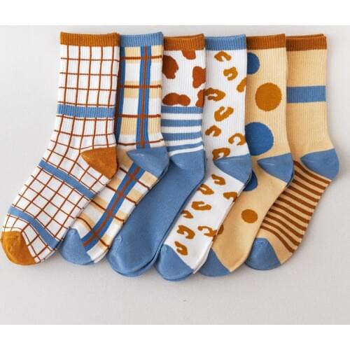 2021 Geometric Lattice Stripes Blue Autumn Winter Cotton Casual Socks Warm Women Streetwear Cute Funny Socks Short Happy Socks