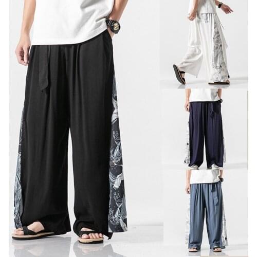 New Cotton Linen Wide Leg Pants Mens Chinese Style Patchwork Vintage Man Leisure Trousers 2021 Summer Harem Pants Male Pants