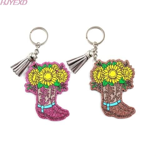 1piece) Acrylic Cowgirl/Cowboy Boot Sunflower Acrylic Glitter Keychain With Tassel