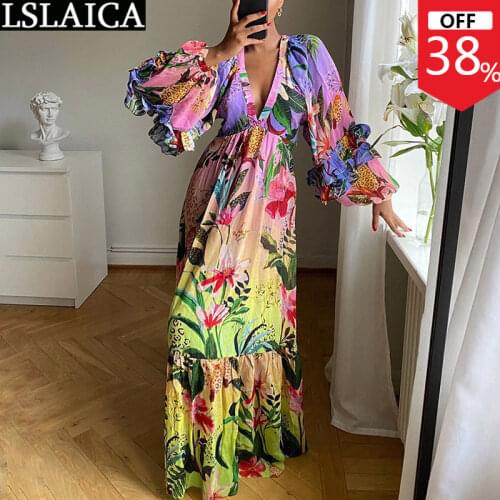 Long Dresses for Women Party Wedding Evening Lantern Sleeve Deep V Neck Plus Size Ruched Dress Print New Fashion Chic Robe Femme