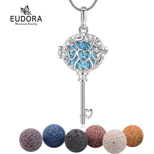 EUDORA NEW 14mm Aromatherapy Perfume Essential Oils Diffuser Necklace key style Locket Cage Pendant with Fun Lava Stone K234N14