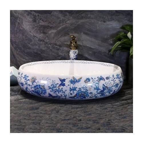 Jingdezhen handicraft Pastel Painted Butterflies Big Oval Art Wash Bathroom Sink