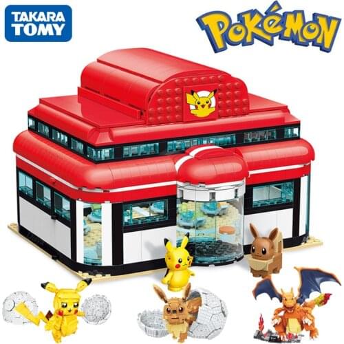 Pokemon Center House Pikachu Building Blocks Pokemon Cartoon Anime Bricks Sets Classic Movie Model Kids Toys For Children Gift