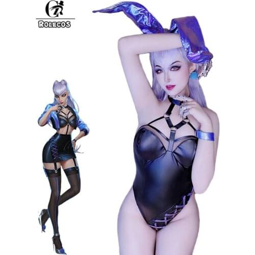 ROLECOS LOL Evelynn Cosplay Costume Game LOL KDA Evelynn Cosplay Costume Sexy Bunny Girl Jumpsuit Halloween Women Bodysuit