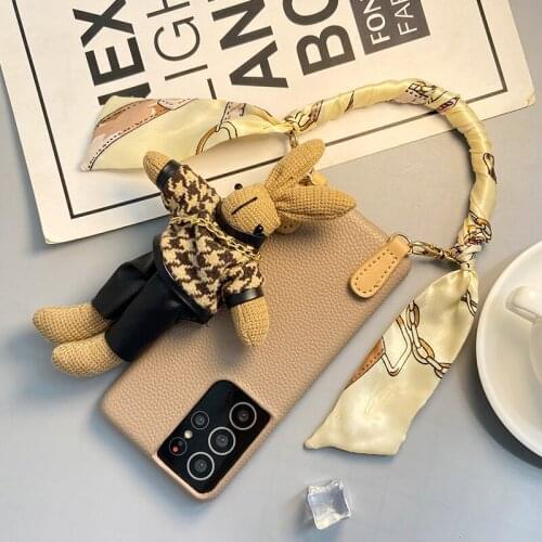 Handsome Silk Scarf Bunny for Samsung S21 Cases Funda Para for Samsung S21 Ultra 5G Cover Ins Leather Girlfriend Gift Cases