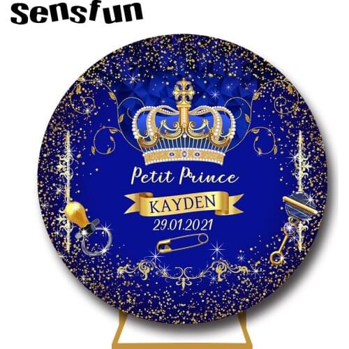 Sensfun Royal Blue Prince Baby Shower Newborn Round Backdrop Cover Crown Gold Glitter Boys 1st Birthday Party Circle Background