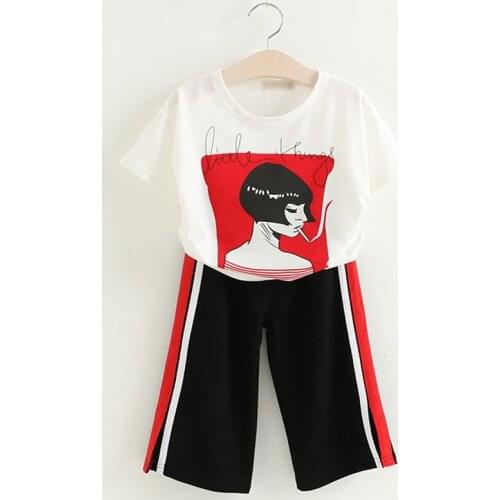 Hot sale 2019 summer children girls new fashion cartoon print T-shirt + striped cotton pants clothing sets 3-8 years