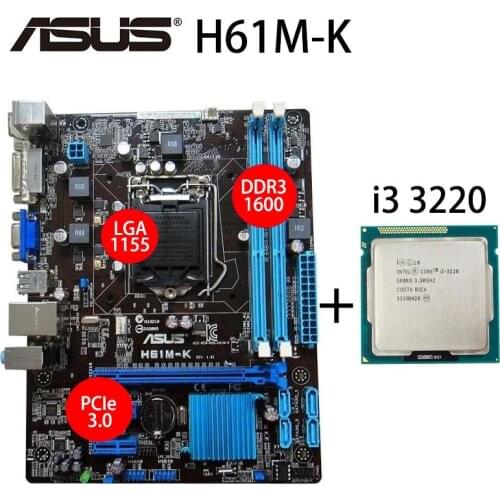 LGA 1155 Asus H61M-K Motherboard + Intel i3 3220 Motherboard Set 16GB PCI-E 3.0 VGA DVI DDR3 3MB DMI 5GT/s Desktop H61 Placa-Mãe