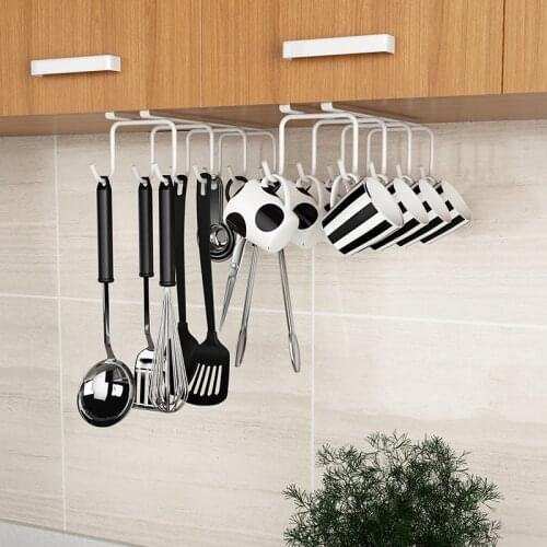 Metal Cabinet Ten Hooks Cup Mug Hanging Rack For Cupboard Seamless Hook Storage Kitchen Punch-Free Holder Organiser Hot