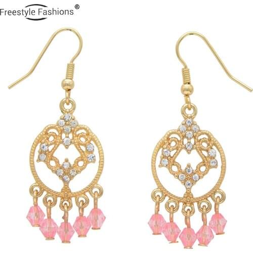 Fashion classic round glass stone acrylic zinc alloy drop earrings for women