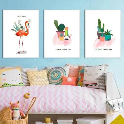 Cartoon Cactus Flamingo Nordic Poster Canvas Print Painting Wall Art Living Room Home Decoration