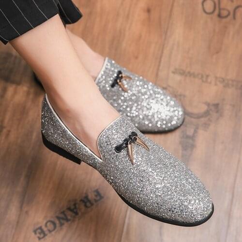 Mens Oxfords Wedding Sequins Bling Metal Decor Formal Loafers Mocassin Homme Driving Plus Size Shoes Black Sliver Crystal