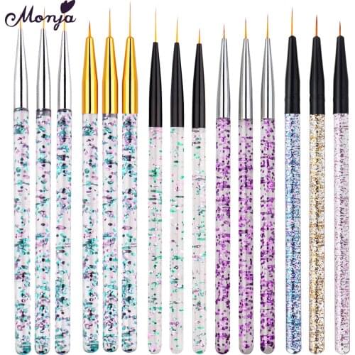 Monja 3Pcs Nail Art Multi Style Liner Stripe Brush Set Rhinestones Glitter Handle French Flower 3D Mesh DIY Manicure Tools