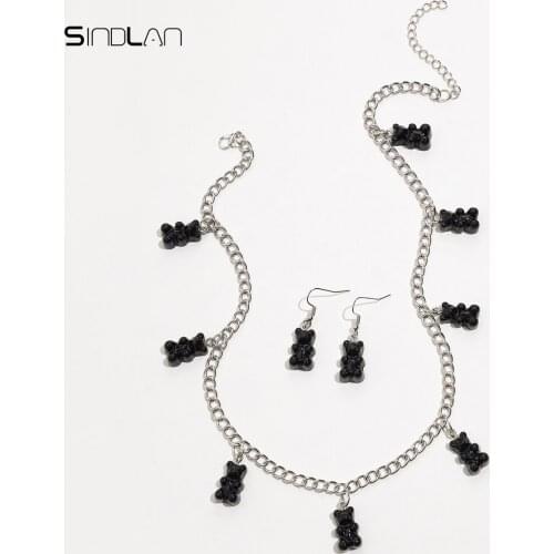 Sindlan Punk Silver Color Chain Bear Pendant Earrings for Women Kpop Cute Animal Pendientes Necklace Couple Fashion Jewelry Set