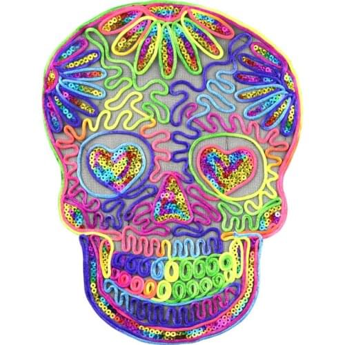 New Arrival Large Sequins Rainbow Skull Patch DIY Clothes Patches for Clothing Sew on Embroidered Motif Beaded Applique