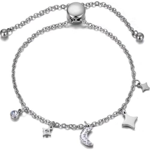 New Titanium Steel Mosaic Crytal Moon Star Charm Bracelets For Women Trendy Adjustable Chain & Link Bracelet B19147