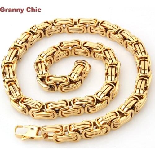 Granny Chic Popular Design Mens Jewelry Gold Color Stainless Steel Huge Heavy Wide Byzantine King Chain Necklace 15mm7"-40"