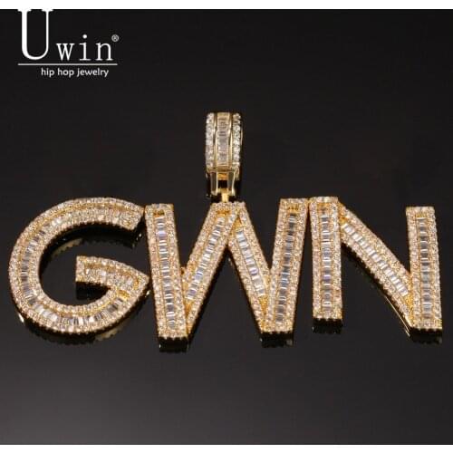 Uwin Cutsom Baguette Letters Name Necklace & Pendant Bling Bling Full Iced Out Luxury Zirconia Tennis Chain HipHop Jewelry