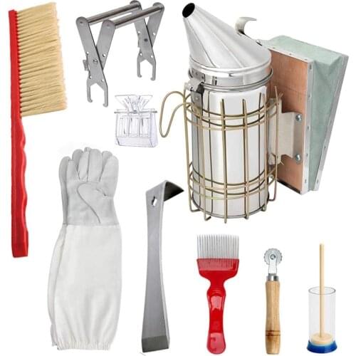 Practical Beekeeping Honey Tools Starter Kit Set of 9 Bee Hive Smoker Equipment Supplies with Beekeepers Gloves
