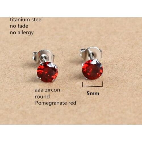 Titanium Stud Earrings 5 mm Pomegranate red AAA Zircon 316 L Stainless Steel No Fade Allergy Free