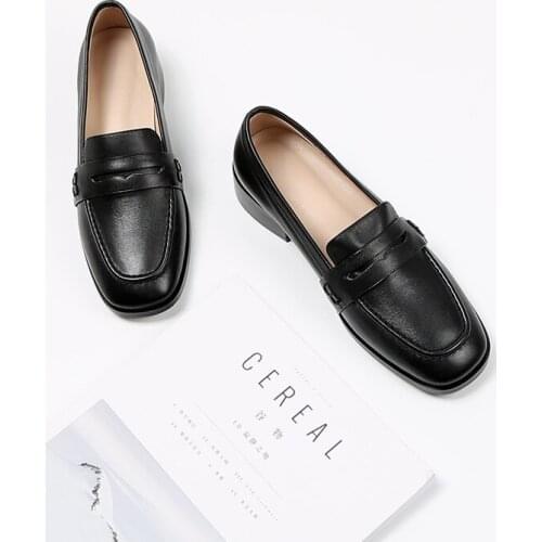 Genuine Leather women shoes one-pedal thick heel loafers female British retro flat bottom all-match womens Comfortable single