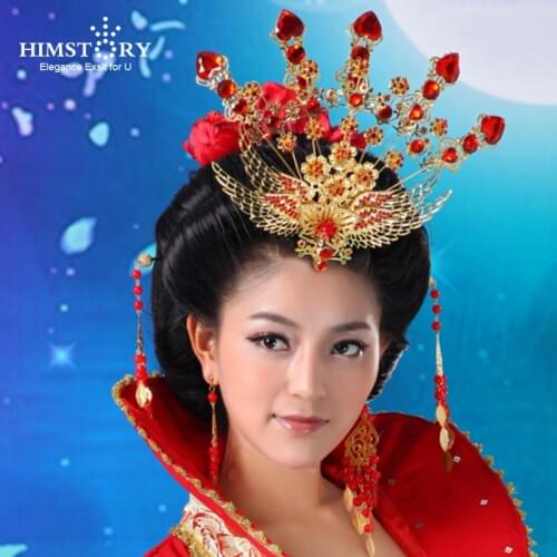 HIMSTORY Phoenix Princess Queen Hairstick Wedding Accessories Chinese Ancient Coronet Red Crystal Hair Jewelry Accessories