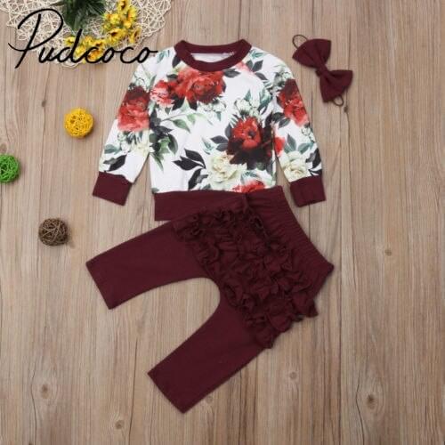 Spring Autumn Newborn Baby Girl Clothes Set Sweatshirt Flower Tops Shirt Ruffle Pants Leggings 3pcs Outfits 0-24 Months