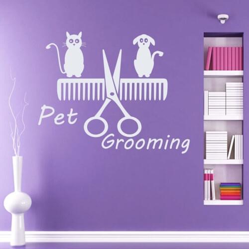 Pet Shop Vinyl Wall Decal Pet Grooming Salon Sign Dog Cat Scissors Comb Wall Sticker Pet Salon Decorative Decoration