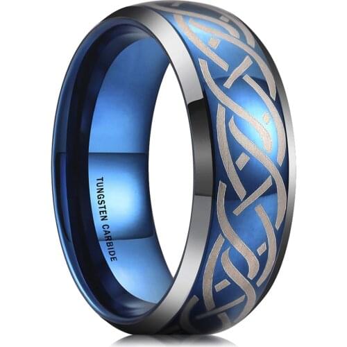 Vintage 8mm Men Blue Tungsten Carbide Ring Inlay Blue Laser Celtic Knot Engagement Ring Fashion Viking Mens Wedding Band
