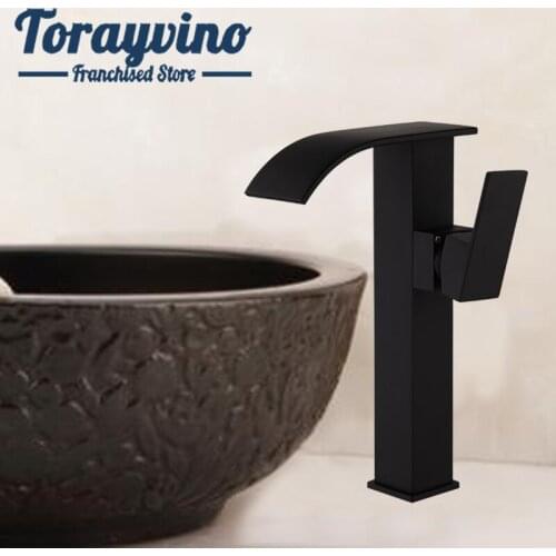 Tall water taps waterfall faucet bathroom matte Black brass faucets water tap handles single deck mounted hot & cold mixer tap