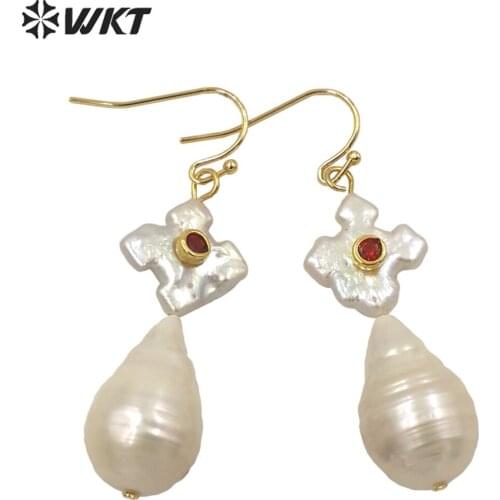 WT-MPE056 Elegant Gorgeous Natural freshwater baroque pearl drop earrings fashion office style white real pearl teardrop earring