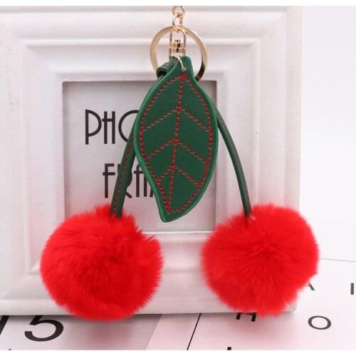 Fluffy Pompon Fur Ball Key Chain For Women Cherry leaf bag pendant Faux Rabbit Fur Pompom Keychain Trinket Charm Bag Key Ring