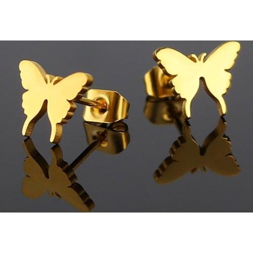 Oly2u Stainless Steel Gold Color Butterfly Stud Earrings School Students Girls Cute Animal Jewelry Accessories Aretes