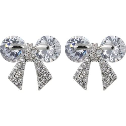 ONYSS S925 Silver Bow Knot Zircon CZ Micro inlaid Beautiful Stud Earrings for Women 2021