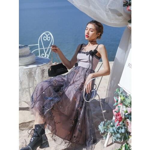 IRINAMS051 Spring Summer 2021 Original Design New Arrivals Women Long Spaghetti Straps Lace Embroidered Tulle Dress