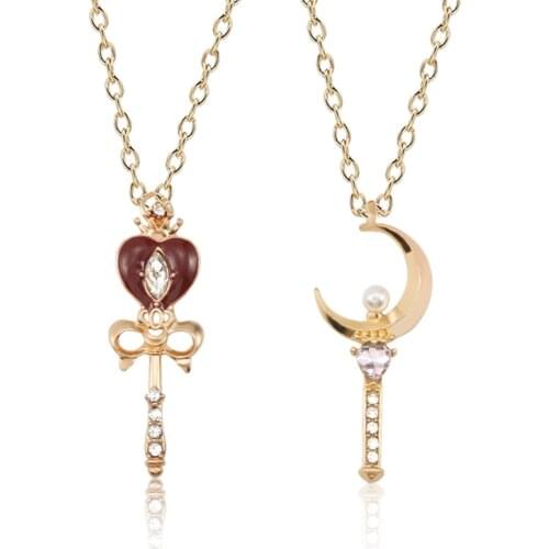 Anime Necklace for women Heart-shaped Pearl Wand Necklace Fashion Crystal Love Moon Pendant Jewelry Free Shipping