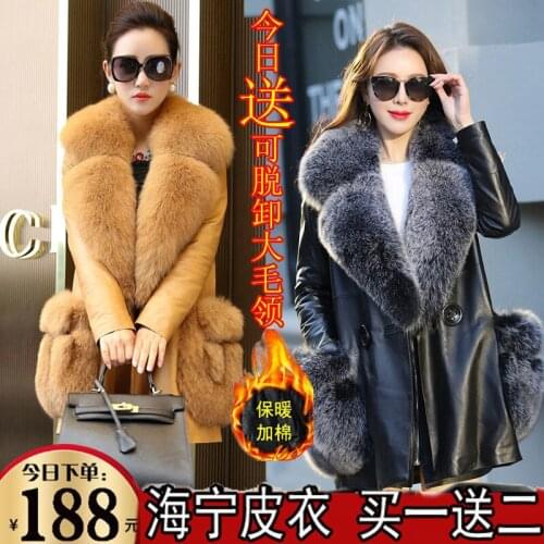 S-7XL Woman Faux Fur Leather Coat 2021 Long Plus Velvet Warm Jacket Detachable Imitate Big Fox Fur Collar Windbreaker Women