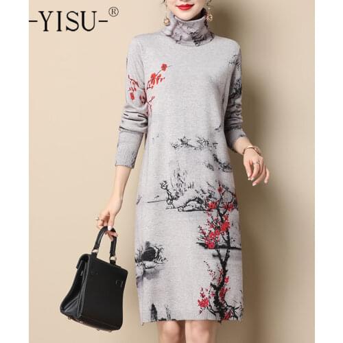 YISU Winter Women Dresses turtleneck Plum flower Printing Knitted pullover Dress Long sleeve Warm Loose Female Jumper Dresses