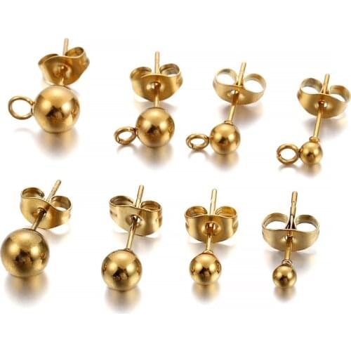 20pcs/lot Gold Stainless Steel Round Ball Earring Post Stud With Earring Plug Findings Ear Back For DIY Jewelry Making Supplies