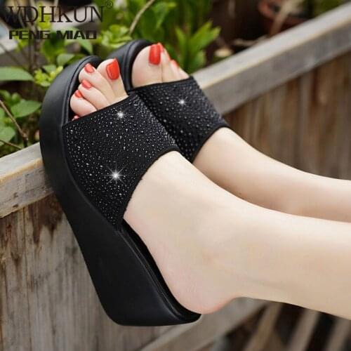 2021 Woman Slippers Summer Platform Ladies Wedges Peep Toe Rhinestone Slides Female Solid Women Casual Outdoor Shoes Womens