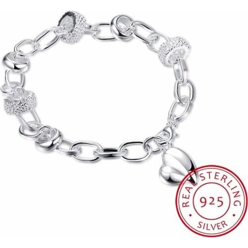 925 Sterling Silver Peach Heart Charm Bracelet For Women Fine Silver Jewelry Simple Bracelet Pulseiras Wedding Party Gift