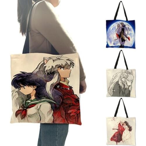 B06135 Reusable Linen Fabric Shopping Bag Tote Bags for Women Lnuyasha Print Designer Bags Lady Girls Handbag