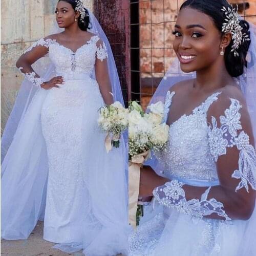 White Pearls Mermaid Wedding Dress Long Sleeves Jewel Neck Illusion Overskirts Bridal Gowns Lace African Marriage Dresses
